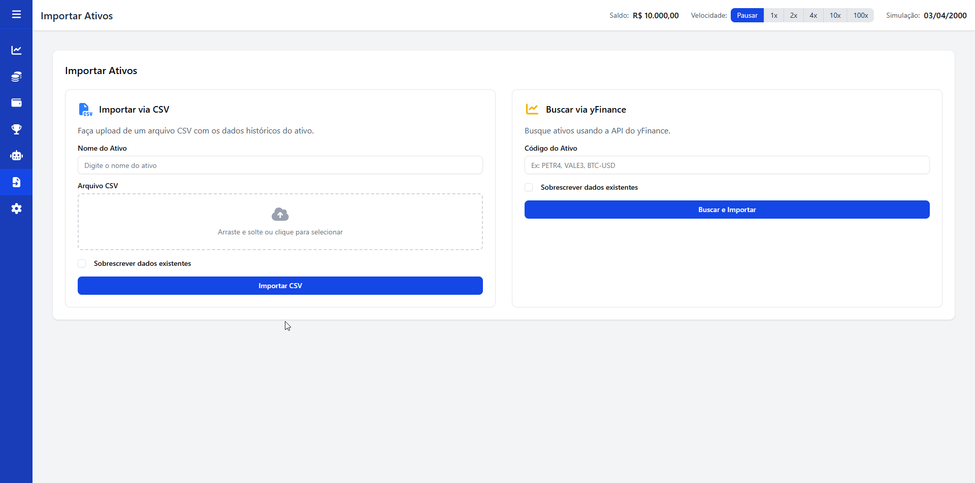 Exemplo de tela de importação de ativos
