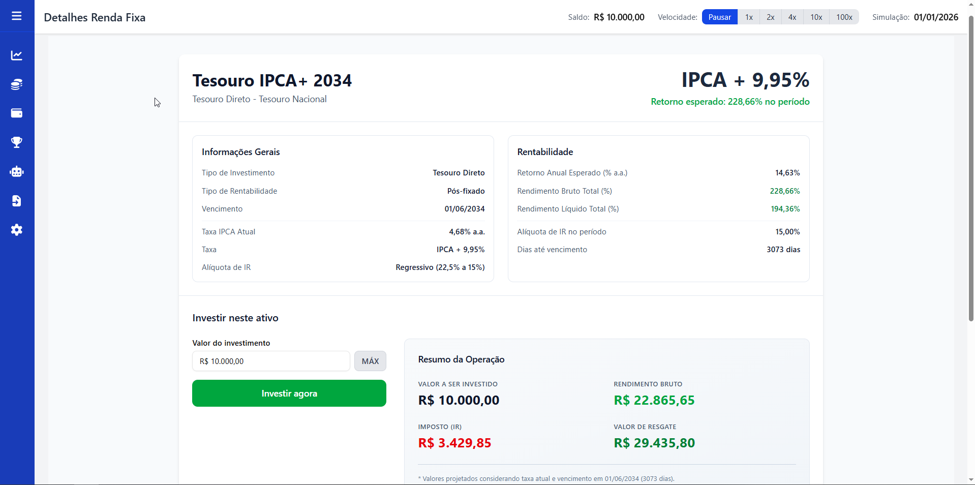 Exemplo de tela de renda fixa